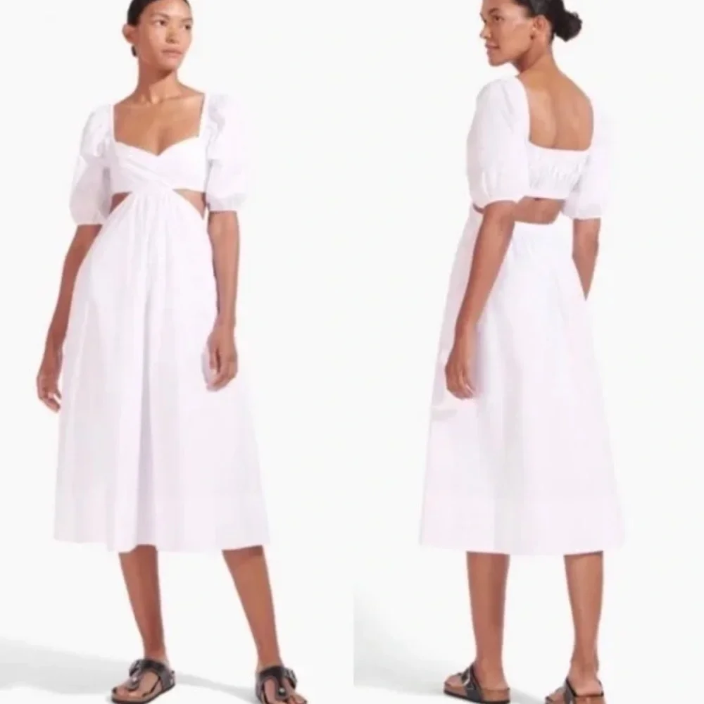 NWT Staud Carina Cut Out Puff Sleeves Midi Dress Size XL White Romantic Feminine - Picture 4 of 15